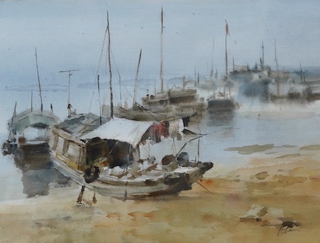 P. Chan, watercolour, Harbour scene with Chinese junks, signed, 30 x 39cm. Condition - fair to good